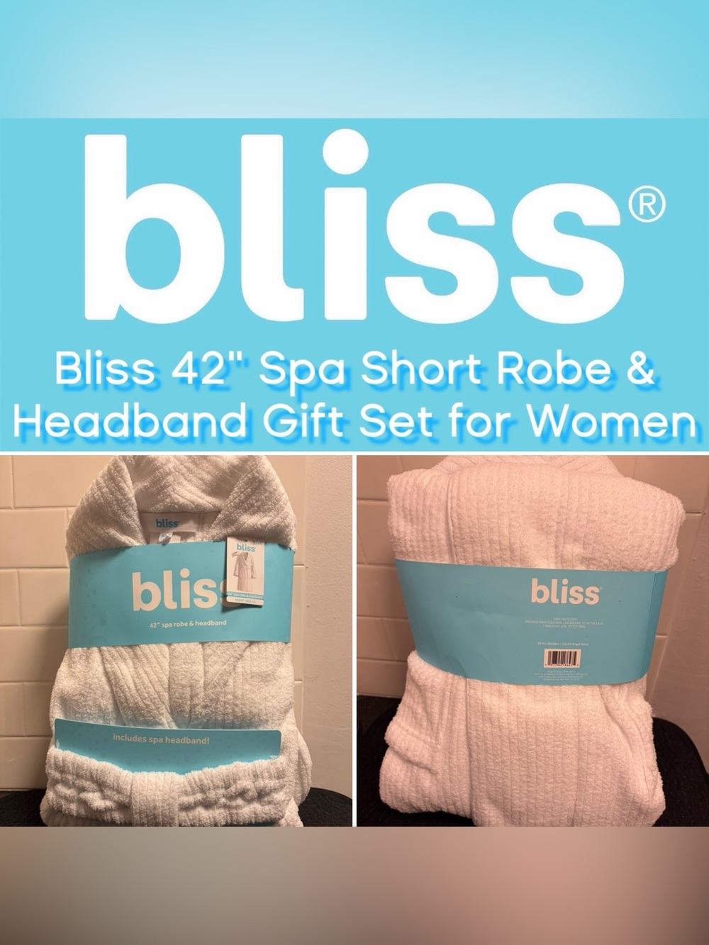 Bliss 42" Spa Short Robe & Headband Gift Set for Women - NWT